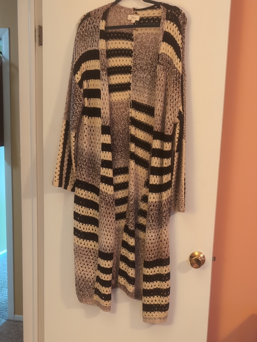 Elan Long Open-Front Knit Cardigan Sweater - Beige & Black